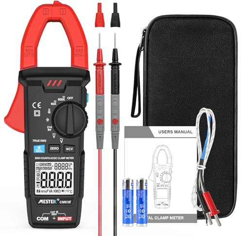Pinza Ampérimetrica CA/CC MESTEK, Multímetro Digital Polimetro Voltímetro Amperimetro 6000 Cuentas T-RMS Autorango, Tester para Corriente Voltaje Resistencia Continuidad Temperatura Diodo Bateria NCV