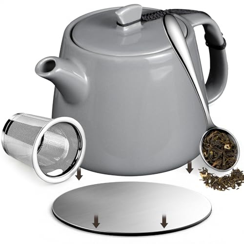 Brew To A Tea Stump Teapot with Strainer, 600ml/20.29oz Heat-Resistant Ceramic Tea Pot with Infuser, CIHUI2 Stainless Steel Coaster, Removable Infuser Tea Pot Handmade, Grey