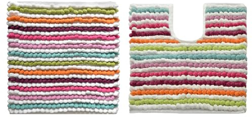 Allure Striped Chunky Bobble Bath Mat, Toilet Mat Set – Thick, Hand-Woven, Super Soft, Multi-Coloured Bathroom Rugs (Two Piece Shower & Pedestal Set)