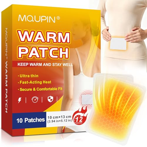 MQUPIN Lot de 10 patchs chauffants ultra fins pour le dos et l'abdomen, autocollants activés par l'air, 10 cm x 13 cm, 12 heures de réchauffement