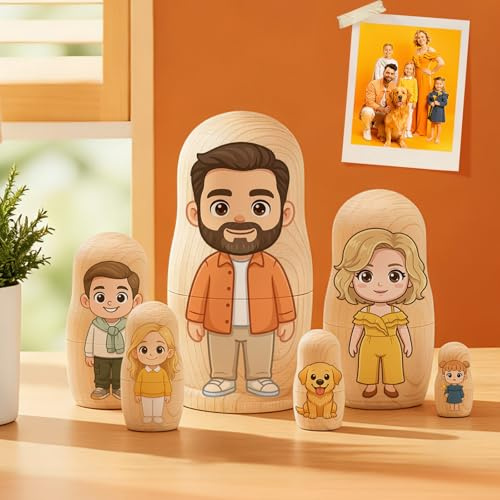 Soview Regalos Originales para Mujer Muñecas Matrioska Personalizadas con Foto, Matryoshka de Madera Muñecas Rusas Matrioska con Estilo de Dibujos Animados Decoración Hogar & Regalo para Familia