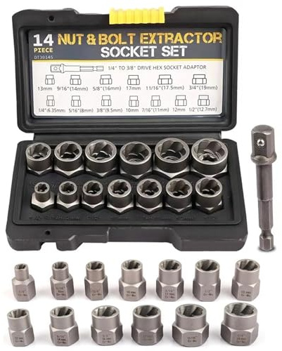 14Psc Impact Bolt & Stripped Lug Nut Removal Set, Screws with Solid Storage Case, Extraction Socket Set for Damaged Frozen Studs Rusted Rounded-Off Bolts Nuts Screws