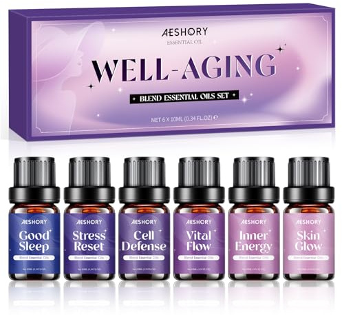 AESHORY Set de Aceites Esenciales Well-Aging 6 x 10ML - Defensa Celular, Brillo de la Piel, Buen Sueño, Reinicio del Estrés, Flujo Vital, Energía Interna - Mezcla Natural para Cuidado Personal