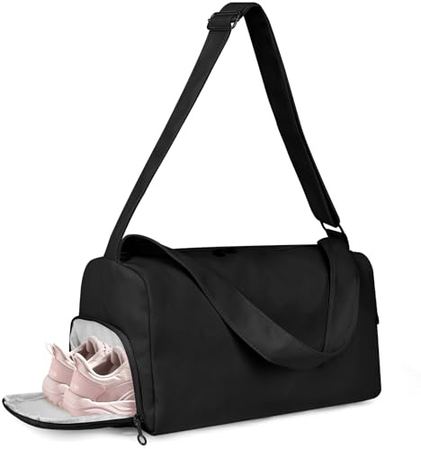 Outplea 20L Small Gym Bag Women Men, Sports Duffle with Shoes Compartment & Wet Pocket, Kids Holdall Bag for Travel Fitness Dance Ballet Swim, Black