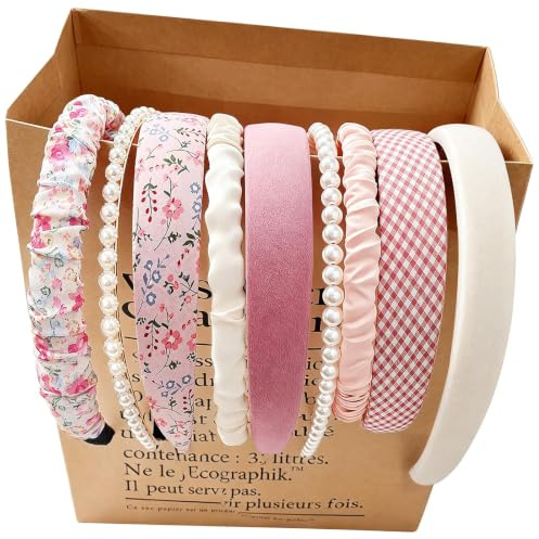 SPOKKI 9 Pack Pink White Headbands for Women Girls, Pink Pearl Floral hair accessories,Gingham Plain Ruched Styles, Elastic Soft Comfort Hair Accessories, Ideal Gift for Her