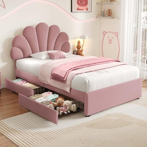 Merax 3ft Single Bed For Girls, Pink Soft Velvet Upholstered Bed Frame With Adjustable Chic Petal Headboard And 2 Storage Drawers, Sturdy Wooden Slats, No Box Spring Needed (No Mattress)