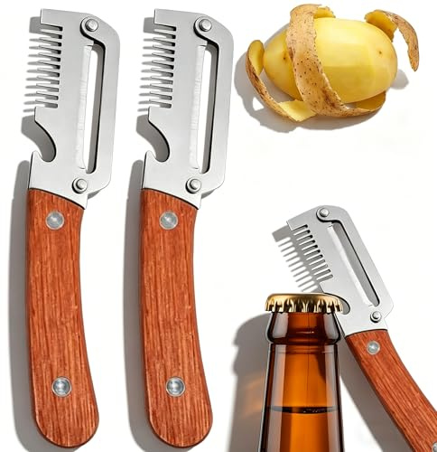 Set da 2 sbucciatori per verdure multifunzionali, 2-in-1 in acciaio inox con manico in legno e apribottiglie, utensile da cucina robusto per patate zero sprechi (2pc Pettine)