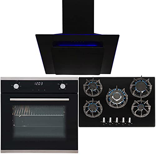 SIA 60cm Black Single Electric Digital Oven, 70cm Gas Hob & Angled Cooker Hood
