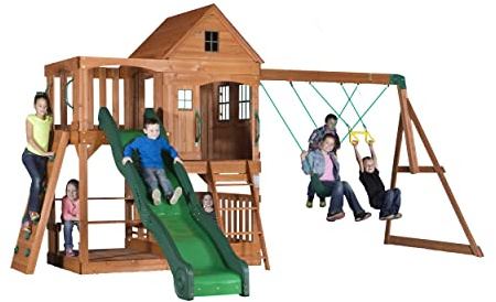 Backyard Discovery Hill Crest Parco giochi, Casetta da Giardino per Bambini | Altalene, scivolo, sabbiera, parete di arrampicata | Casetta in Legno per Bambini per uso esterno in giardino