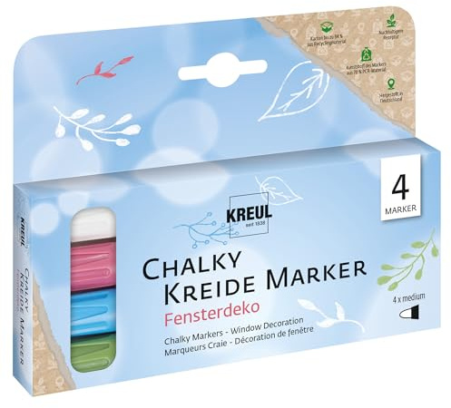 Kreul 22709 - Chalky Marqueur craie pour décorer les fenêtres, 4 couleurs, effaçable, opaque, résistant à la lumière, séchage rapide, pour peindre & écrire sur les vitres