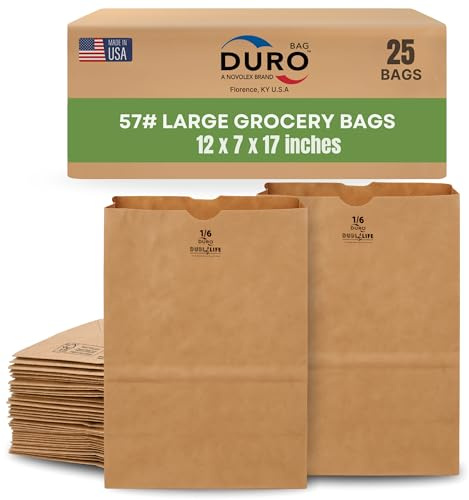 DURO 57# Heavy Duty Brown Grocery Bags, No Handles, 12x7x17 In, 25 Ct