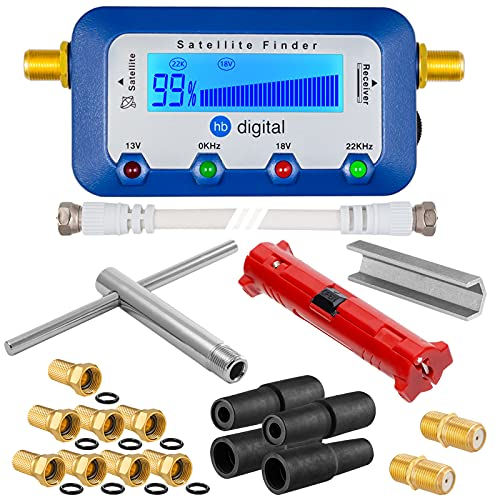 HB-Digital Pointeur Satellite numérique + Dénudeur + Clé de Montage + Aide au Tournage + 8 fiches F-plaquées Or + 2 Connecteurs + 4 Douilles en Caoutchouc de Protection Contre Les intempéries