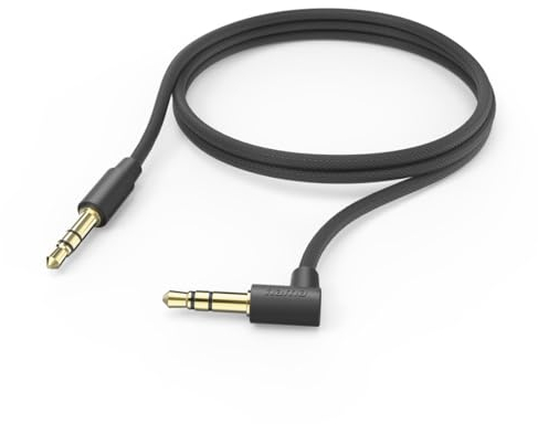 Hama Câble Jack 3.5 mm mâle vers mâle 1M [Plaqué Or] - Audio Stéréo, Composant Cuivre, Câble Textile, Fiche Coudée, Compatible Voiture Enceinte Smartphone MP3 - Noir