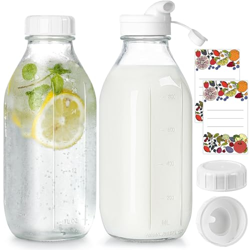 2 Pack Glass Milk Bottle with 2 Dispenser Caps, 100% Airtight Heavy Duty Screw Lid. 32 Oz Reusable Glass Water Jug with 3 Lids! Breast Milk Pitcher, Buttermilk, Nut, Juice, Syrup, Coffee Creamer