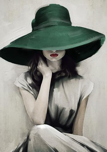 STYLER Leinwandbild Green Hat 70 x 100 cm (AUFHÄNGFERTIG) I Elegantes Porträt I Frau mit grünem Hut und roten Lippen I Kunst Wandbild Wohnzimmer Schlafzimmer Flur Büro