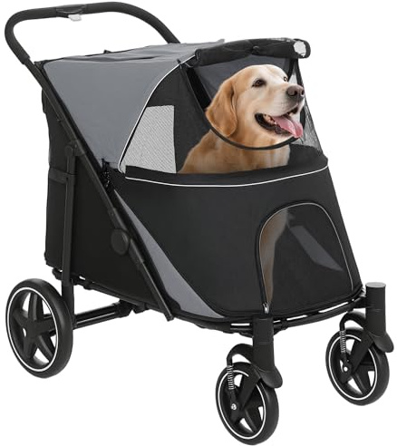 PawHut Dog Stroller, Foldable Pet Pram Dog Pushchair Buggy with Adjustable Canopy for Medium and Large Breeds, Black