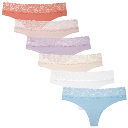 INNERSY Stringtrosa dam spets sexiga underkläder dam hipster kalsonger bomull 6-pack, Macaron flerfärgad, L