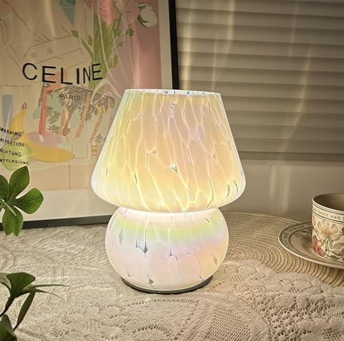 AFORTLO Battery Powered Mushroom Table Lamp with Timmer,Cordless Small Atmosphere Glass Table Lamp,Portable Decovative NightLight for Corner/Entryway/Stairway/Bathroom/Fireplace (Rainbow White)