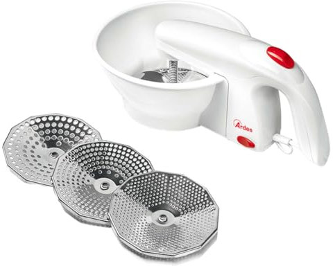 ARDES - ARPASS01 Passaverdure Elettrico Macchina per Passati Puree Creme Pappe con 3 Dischi da Taglio in Acciaio Inox Facile da Usare con Ogni Ciotola