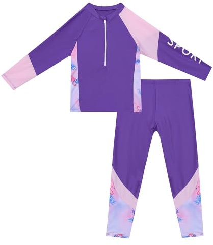SEAUR Schwimmanzug Mädchen Lang Zweiteiliger Badeanzug Rash Guard Bademode 1/2 Zip Langarmshirt und Hose Badebekleidung für Kinder Strand Schwimmen Surfen - 7-8 Jahre