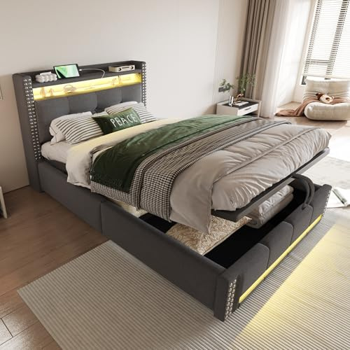 Rtopsu Letto Singolo 90x200 cm con USB-C e Luce LED, Struttura Letto Singolo con Contenitore Idraulico e Testiera, letti con Rete a Doghe in Legno e Telaio in Metallo, Lino, Grigio, Senza Materasso