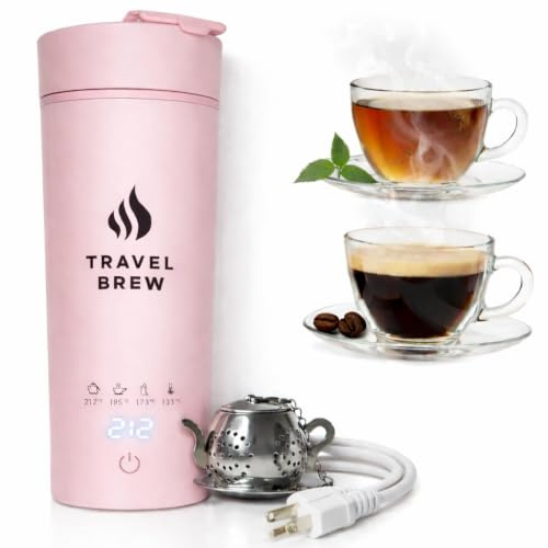 TRAVEL BREW Portable Travel Kettle with Tea Infuser- Mini Electric Kettle with 4 Temperature Settings, with Auto Shut-Off & Boil Dry Protection (Pink)