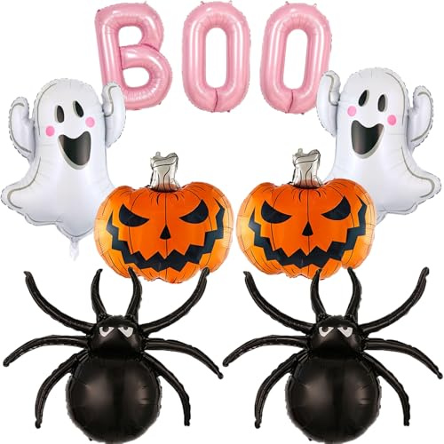 9Pcs Pink Boo Balloons Halloween Balloons Decorations Ghost Pumpkin Black Spider Foil Balloon for Halloween Party Birthday Baby Shower Decorations