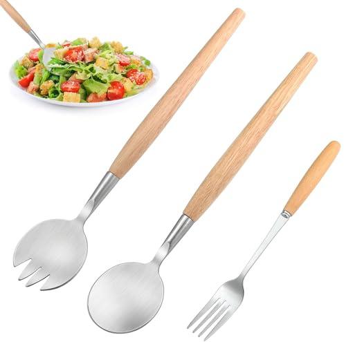 xianzhanEU Juego de cubiertos para ensalada de acero inoxidable con mango de madera, cuchara de ensalada, tenedor de ensalada, cubiertos para ensalada de madera, para cocina y comedor, 3 unidades