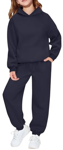 Teen Girls Cotton Sweatpants Set 2 Piece Fleece Warm Fall Hoodies Joggers Pants Sweatsuits Kids Pullover Fall Winter Sweatshirts Activewear (Navy, 13-14 Years)