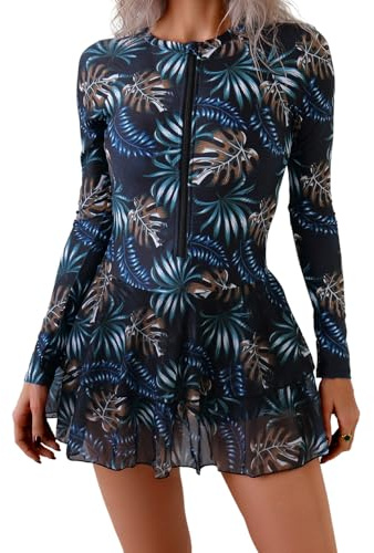 Odizli Swim Dresses Women Long Sleeve Zip Up Floral Swimdress Ladies Swimming Costume with Skirt Tummy Control Skirted Swimsuit Summer One Piece Modest Swimwear Rash Guard Bathing Suit Blue Brown XXL