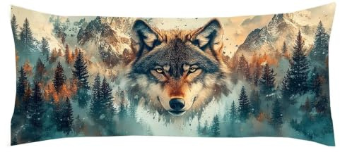 Kudde 60 x 180 cm sidosovkudde, överdrag, varg, nackkudde, sovkudde, sidosover, skog, örngott, amningskudde, gravidkudde, överdrag, som innerkudde på sommaren Kl-458