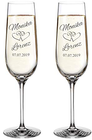 AMAVEL Set 2 Calici da Spumante in Vetro, Incisione Personalizzata con Nomi e Data, Motivo Cuori, Flûte per Coppie, Accessori Decorativi Matrimonio
