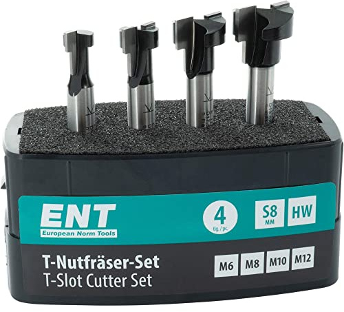 ENT 09046 Jeu de 4 fraises pour rainures en T M6, M8, M10 et M12, tige de 8 mm, en métal dur, pour vis à tête hexagonale avec filetage métrique