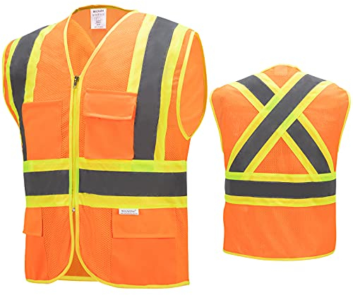 SULWZM Warnweste, hohe Sichtbarkeit, reflektierende Rückenkreuzstreifen für Damen und Herren (Orange/Medium)