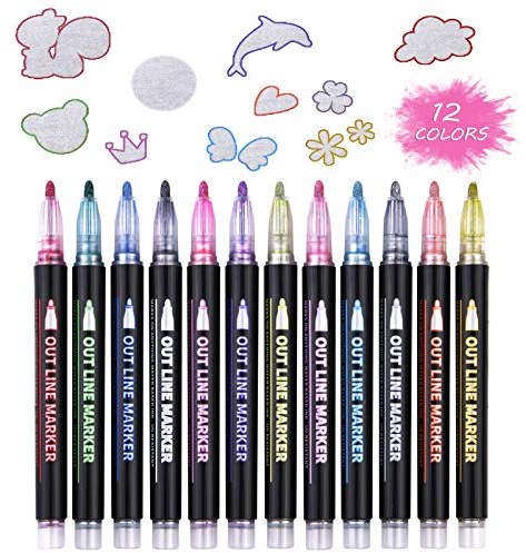 Vicloon Marqueurs Métalliques Feutres, Stylos de Contour, 12 Couleurs Stylo Magique, Magic Marker Feutres, Double Contour de Stylos de Dessin pour Carte-Cadeau Écriture Peinture Scrapbooking