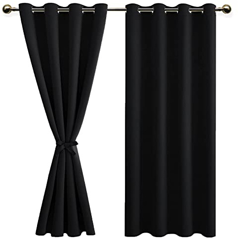DWCN Black Blackout Curtains with Tiebacks for Bedroom Thermal Insulated Solid Eyelet Curtains for Living Room,2 Panels,55 Wide x 69 Drop