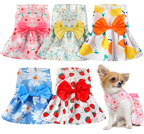 Saintrygo 5 Pieces Floral Dog Dress Cute Dog Skirt Pet Dresses Pet Clothes Dresses Cat Princess Bowknot Clothes Puppy Outfits for Yorkie Puppy Cat, 5 Styles(Cute Style,X-Small)