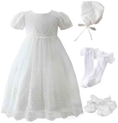 Leideur Baby Girl Christening Baptism Dress Long Blessing Gowns White Formal Wedding Dresses for Newborn (6 Months, Dress+hat+socks+ Shoes)