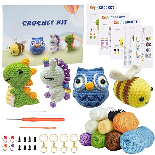 AUAUY 4PZ Kit per Uncinetto per Principianti, kit per Animali All'uncinetto, kit per Lavori a Maglia per Fai da te con Filato, Occhi, Imbottitura, Uncinetto e Tutorial Video
