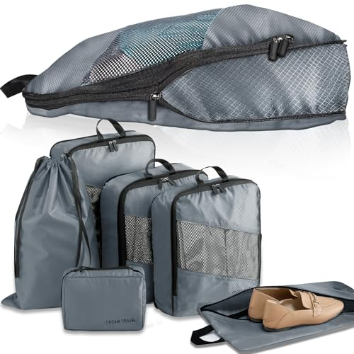 Packing Cubes Compression, 6-teilig Kompressions Packwürfel Koffer Organizer für Rucksack & Koffer Ultraleicht Erweiterbar Kofferorganizer Reise Würfel Grau