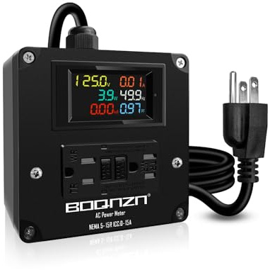 15A AC Power Meter, 125V LCD Display Digital Multimeter Tester, NEMA 5-15P to NEMA 5-15R Outlet Monitor with 6.56FT 14AWG Cable, Multifunction Energy Monitor Voltage Current Frequency Power Factor