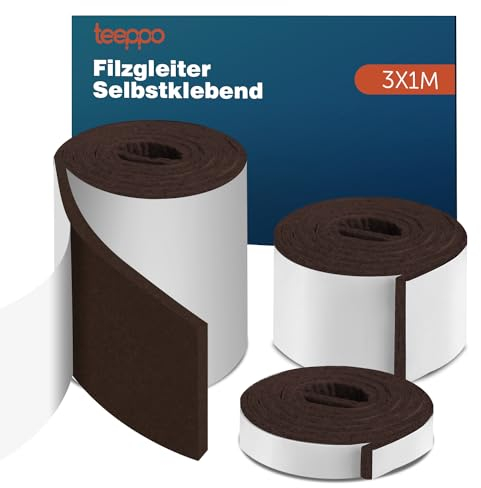 teeppo Filzgleiter Selbstklebend, 3 Rollen Filzgleiter für Stühle，4mm Dick Filz Selbstklebend, Stark und Möbelfüße, Schneiden Sie Jede Form, Möbelgleiter(100 x 10cm/100 x 5cm/100 x 2cm), Braun
