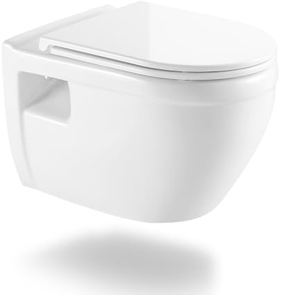 CLEANMAN Spülrandloses Hänge-WC, Wand-Toilette, Hänge-WC aus Keramik mit Slim-WC-Sitz Absenkautomatik, Tiefspül-WC (Weiß, B: 375 H: 345 T: 520 mm)