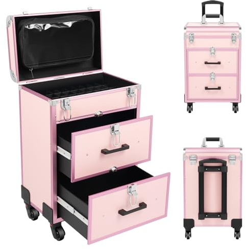 Valigetta cosmetica trolley, valigetta per cosmetici, con ruote girevoli a 360° e 3 cassetti, 2 pulsanti, grande per il trucco delle unghie, da viaggio, estetista, parrucchiere, rosa, Colore: rosa.,