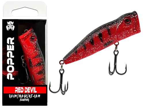 Wild Devil Baits Popper Wobbler Floating Hardbait Oberflächenköder Topwater Schwimmend Kunstköder Raubfisch (Red Devil)