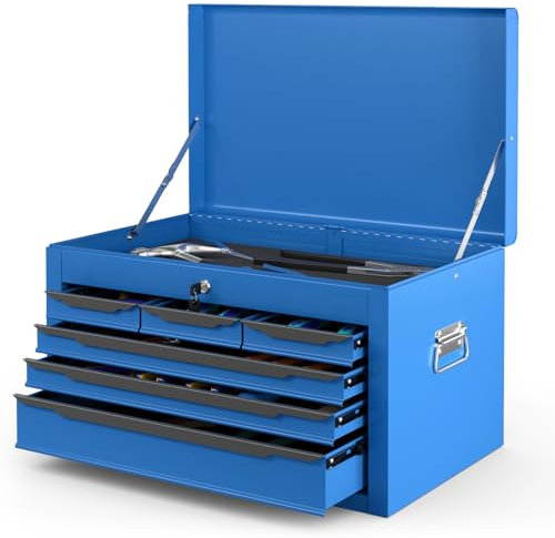 HOMFME 6 Drawer Tool Storage Cabinet, Heavy-Duty Metal Tool Chest with Automatic Lock System, 2 Keys, Top Storage Tray, Ball Bearing Runners, EVA Mats, Portable Tool Box for Warehouse Garage (Blue)