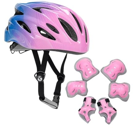 Gralara Set di Caschi da Bici per Bambini con Ginocchiere, Casco Leggero E Regolabile per Pattinaggio a Rotelle, per Skateboard, Pattini a Rotelle All'ape, Blu Rosa