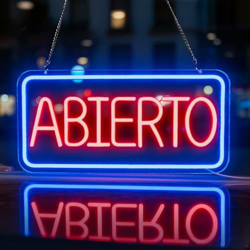 Lxmoneon Señales luminosas ABIERTO neón, Cartel de Luz Roja con Marco Azul para Tiendas, Restaurantes, Bares, y Cafeterías, Letrero LED Abierto con interruptor regulable para Decor Comercial y Hogar