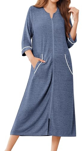 Ekouaer Zipper Robes for Women 3/4 Sleeve Bathrobe Lightweight House Coats for Women with Pockets Long Moo Moo Nightgown