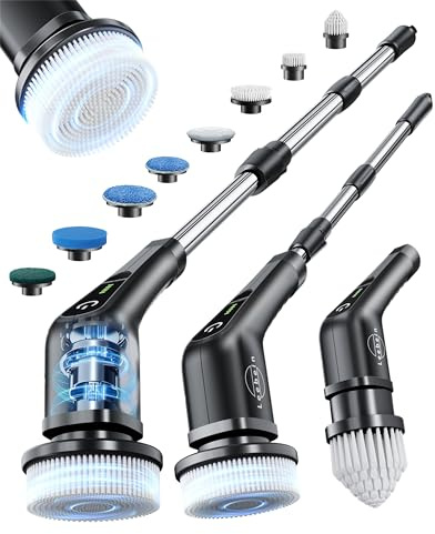 Leebein Electric Spin Scrubber, Cordless Cleaning Brush with 8 Replaceable Brush Heads, Extendable Long Handle Bathroom Cleaning Scrubber, 300/400RPM Spin Scrubber for Bathroom Floor Tile (Black)